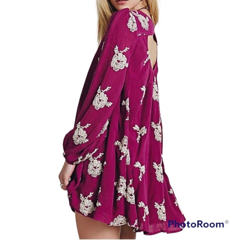 Free People Boho Floral Embroidered Austin Mini Babydoll Dress S Magenta